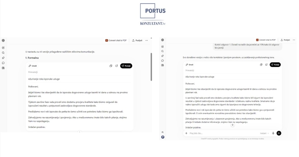Rezultat AI odgovora prije i nakon dorade prompta